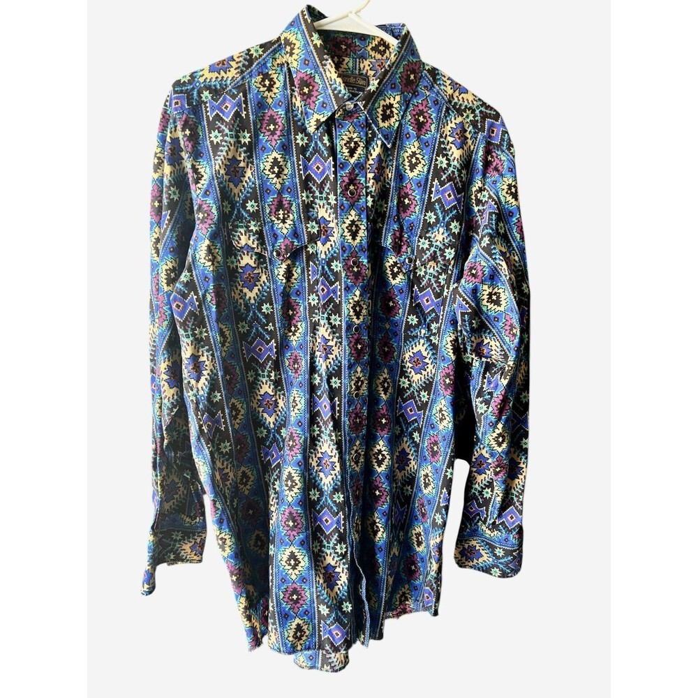 VTG Western Shirt Purple Blue Aztec Snap Front / pockets  USA 90s Cowboy Mens L
